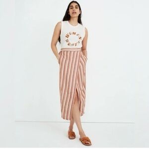 Striped Pink & Cream Midi Skirt with Front Slit